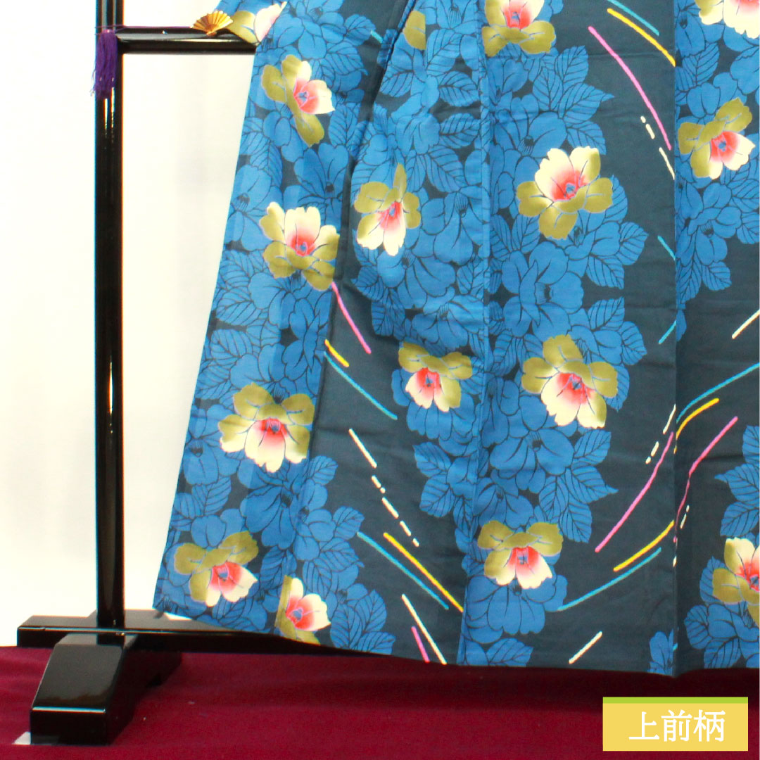 Yukata Cotton Length 161cm Sleeve length 65.5cm S rank Single layer Navy blue Navy iron color Camellia 1118005172418