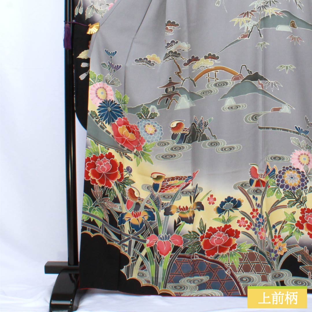 振袖 正絹 Aランク 身丈166cm 裄丈68cm 袷 錫色（すずいろ） 京紅型 宮崎染工 作家物 吉祥文様 鴛鴦 グレー系 1113002503522