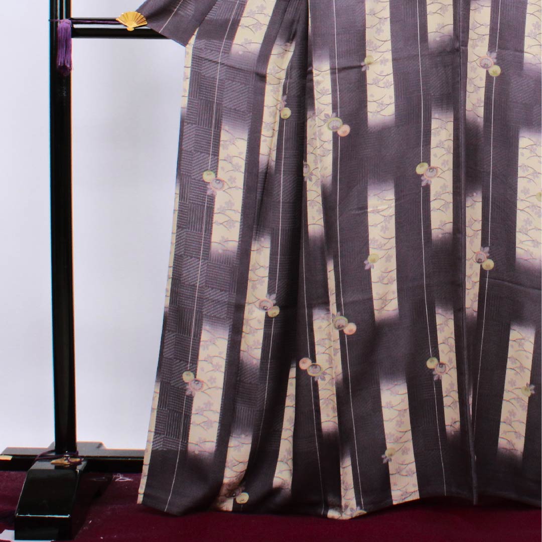 Summer pure silk komon length 165.5cm sleeve length 66.5cm deep purple cherry blossom dew grass flower pattern silk S rank purple 1132000132520
