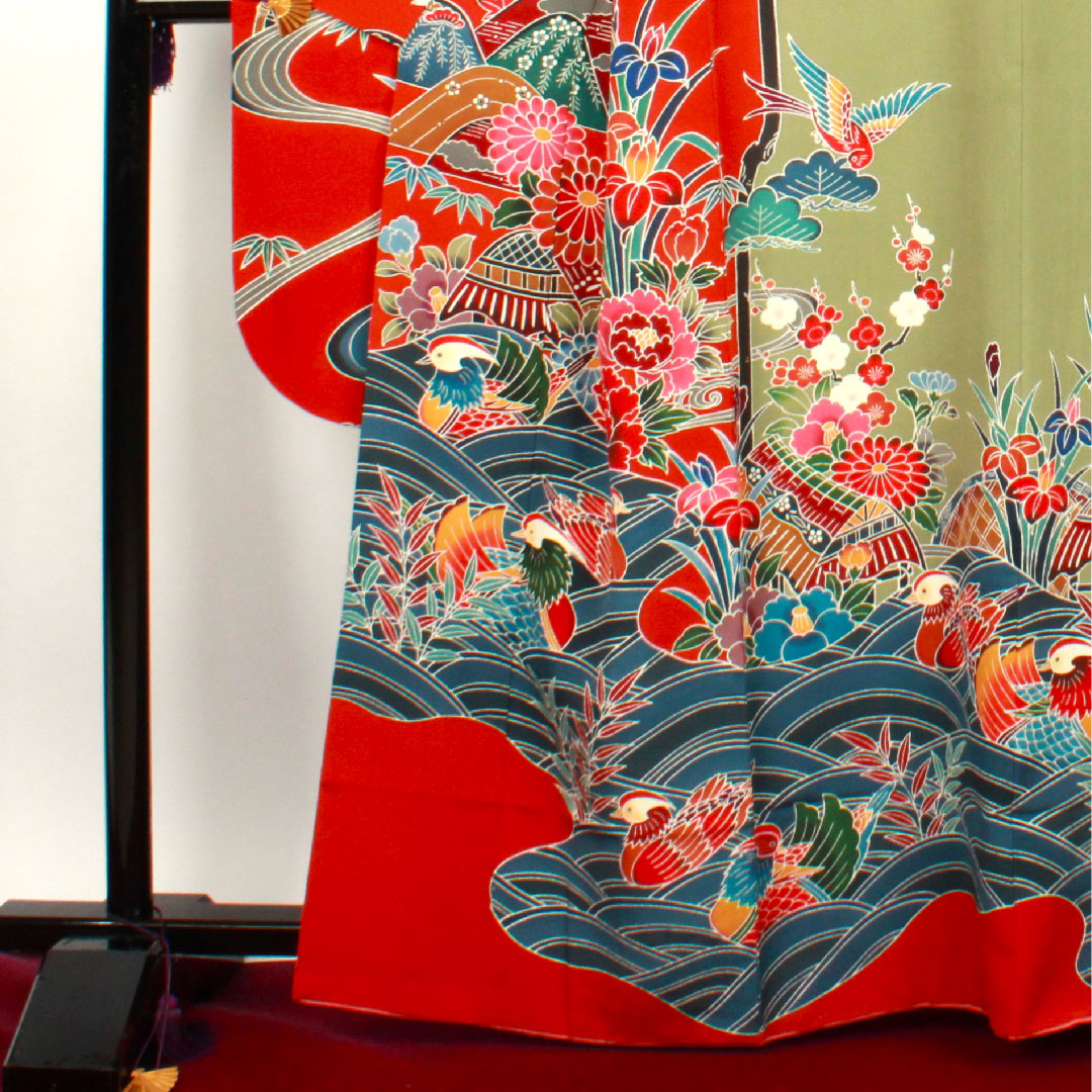 振袖 身丈165cm 裄丈65.5cm 袷  栗梅色 京紅型 鴛鴦 松竹梅  正絹 Sランク 赤系 1113000902512