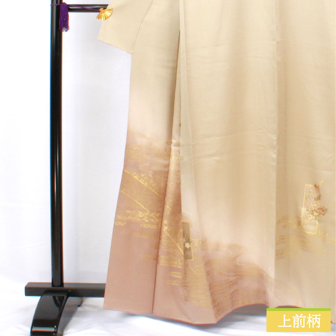 Homongi, pure silk, lined, length 161cm, sleeve length 61cm, white oak color, Kyoto Yuzen, auspicious pattern, A rank, gray, 1112005913422