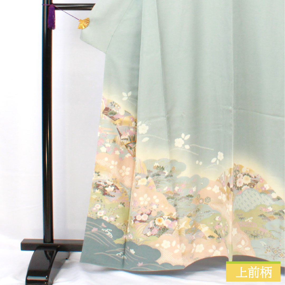 訪問着 正絹 袷 身丈161cm 裄丈66.5cm 青白磁色（せいはくじいろ） 京友禅 吉祥文様 Sランク 水色系 1112005792424