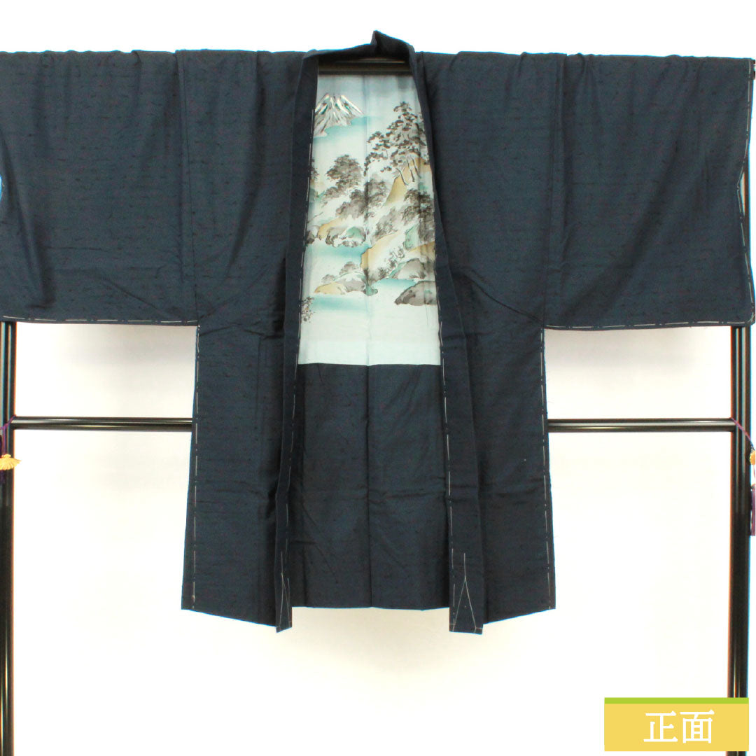男物 正絹 Aランク 身丈101cm 裄丈73cm 濃紺色（のうこんいろ） ひげ紬 しつけ糸付き 紺系 1119001613118