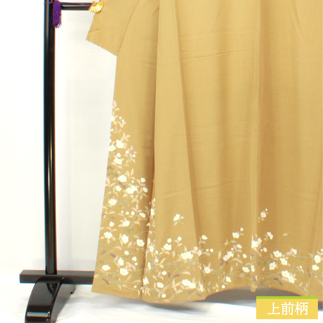 Homongi, pure silk, lined, length 159cm, sleeve length 62cm, yamamomoiro (Japanese plum color), Kyo-Yuzen, camellia, S rank, yellow, 1112005232323