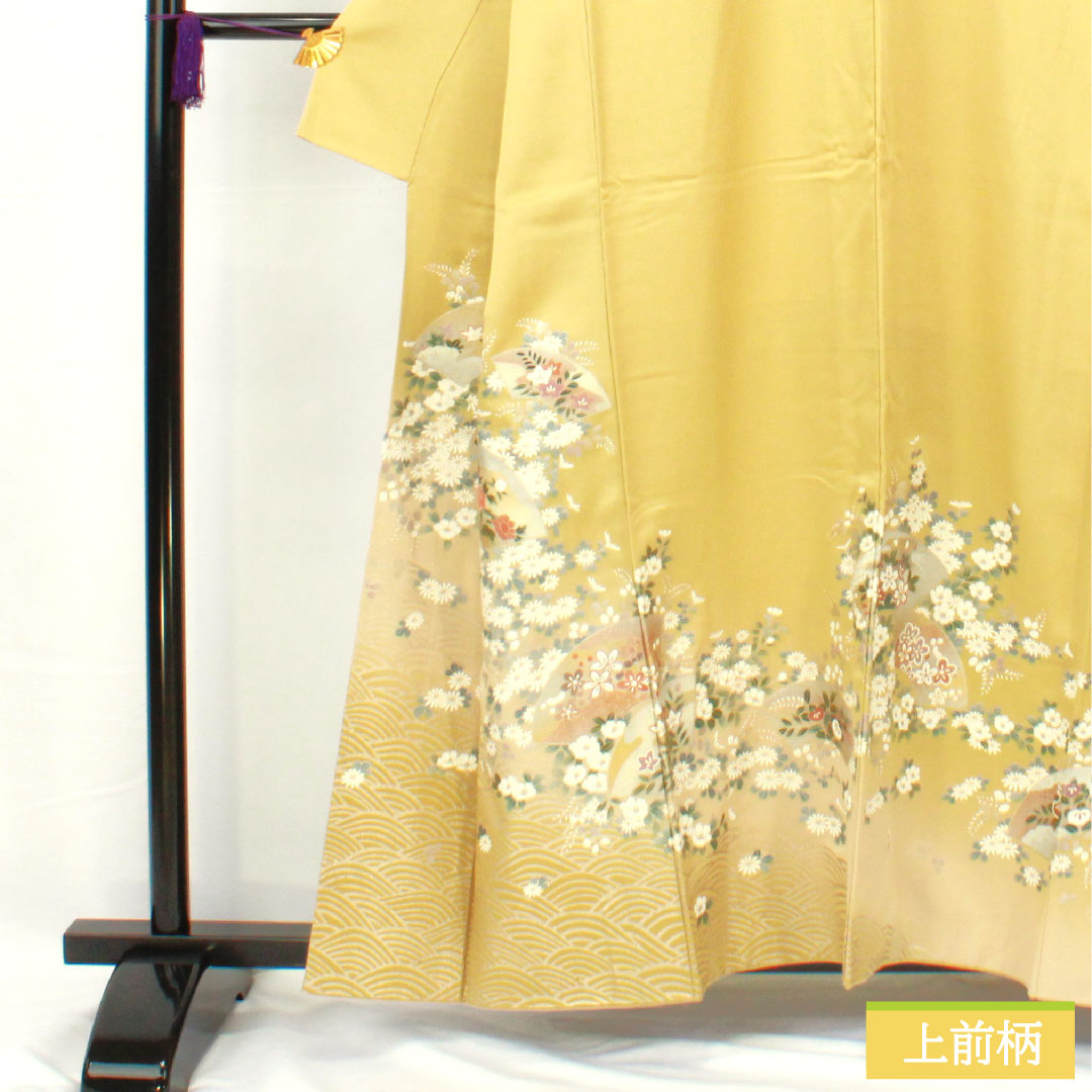 Homongi, pure silk, lined, length 156.5cm, sleeve length 63cm, faint yellow, Kyoto Yuzen, cherry blossom, chrysanthemum, bush clover, A rank, yellow, 1112005243323