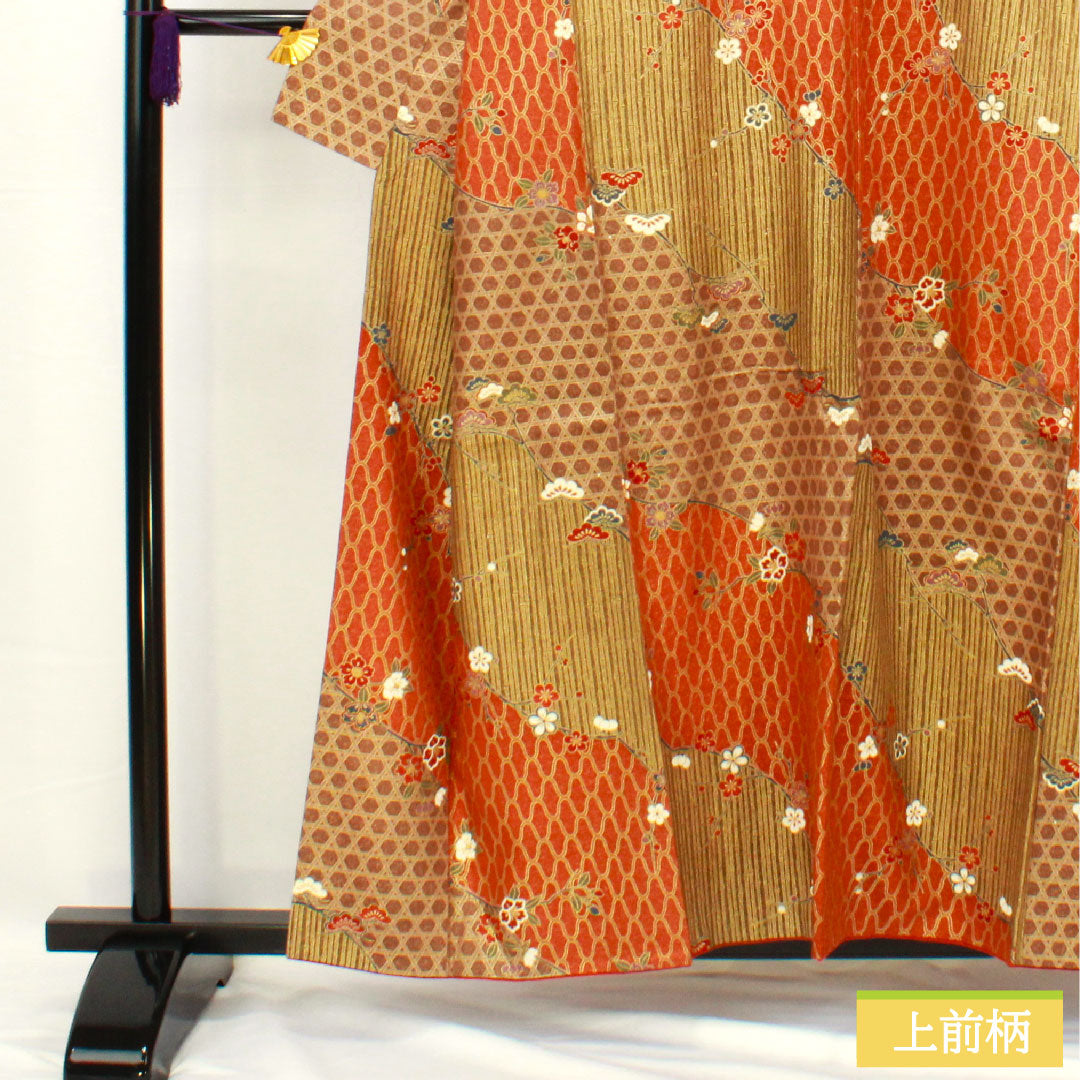 Homongi, pure silk, lined, length 157cm, sleeve length 63.5cm, Kyoto Yuzen, pine, bamboo and plum, S rank, brown, 1112005482314