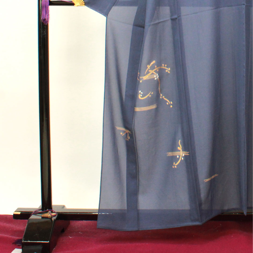 Visiting kimono, summer, length 158cm, sleeve length 66cm, dark color, silk, Takeyamachi embroidery, abstract pattern, bellflower with three scales, pure silk, S rank, navy blue, 1112002772318