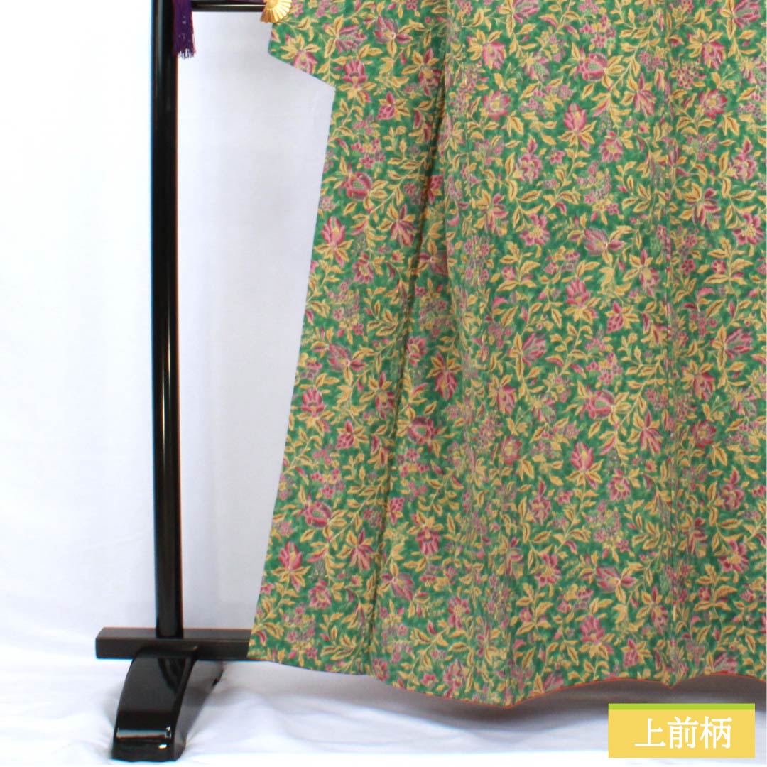 Komon, pure silk, length 159cm, sleeve length 62cm, lined, bronze color, stencil dyeing, all-flower pattern, S rank, green, 1115005362319