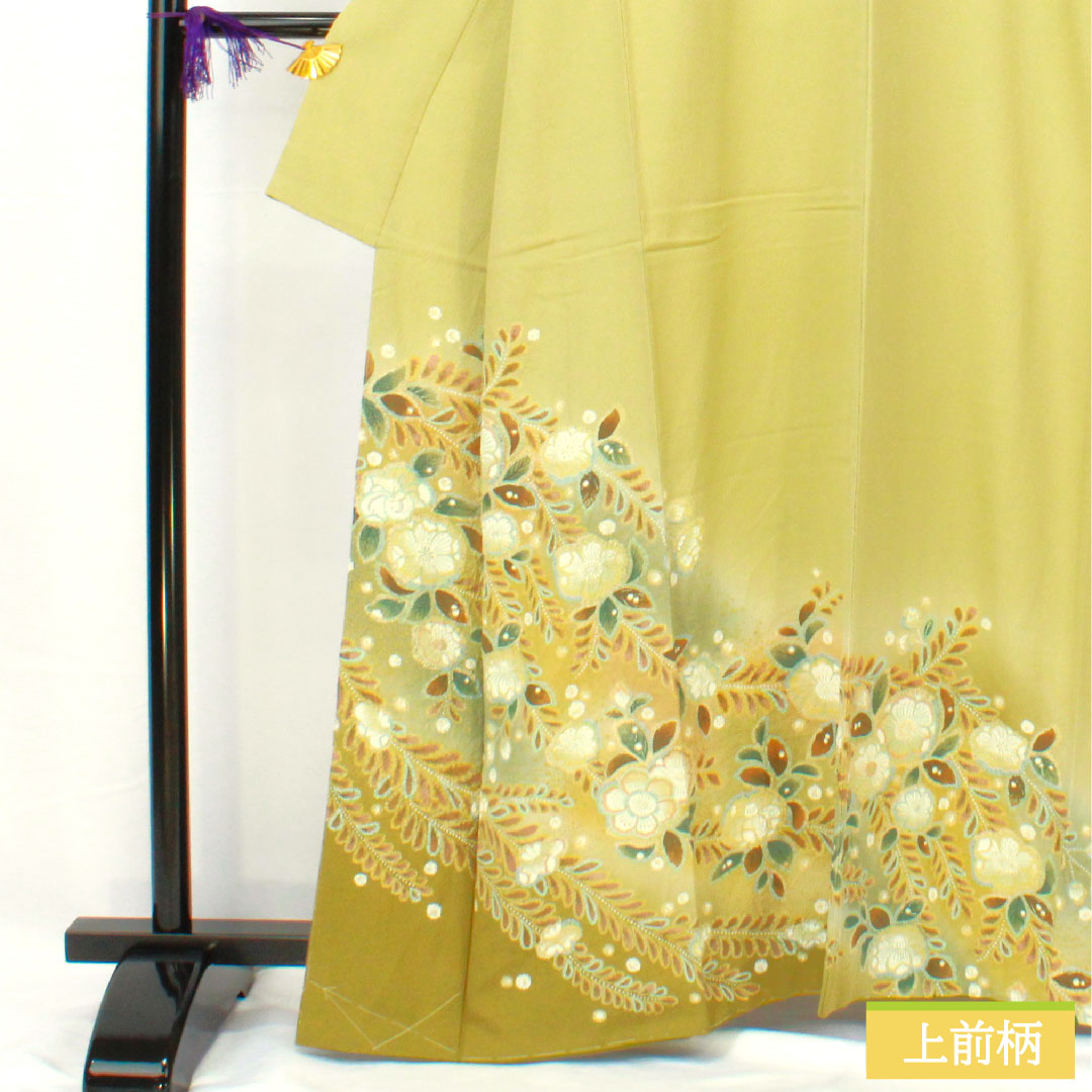 訪問着 正絹 袷 身丈162cm 裄丈62.5cm 薄柳色（うすやなぎいろ） 辻ヶ花 ちりめん地 重ね衿付き しつけ糸付き Sランク 緑系 1112005202419
