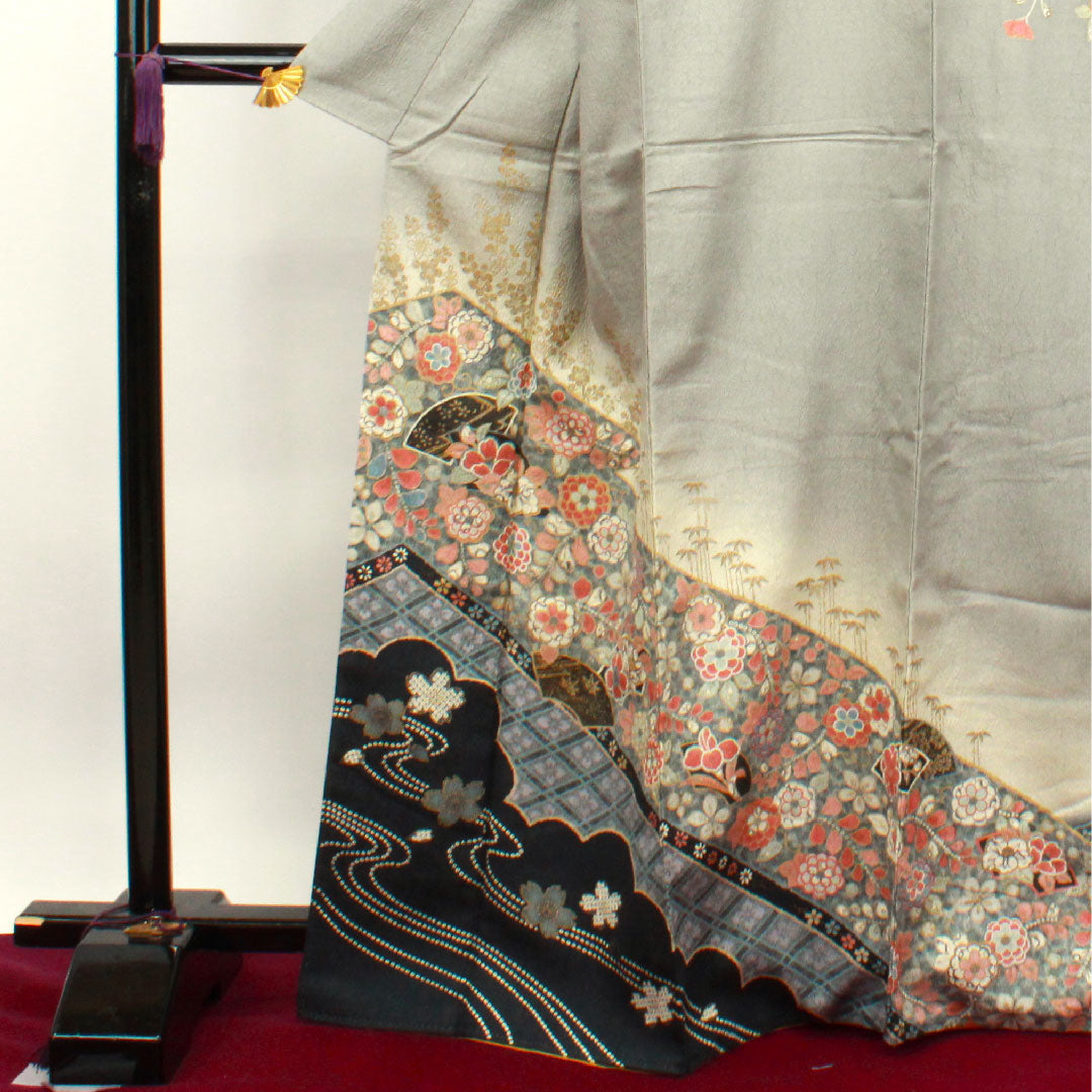 Homongi, pure silk, lined, length 166cm, sleeve length 66cm, mercury color, Kyo-Yuzen, Tsujigahana, S rank, gray, 1112003062522