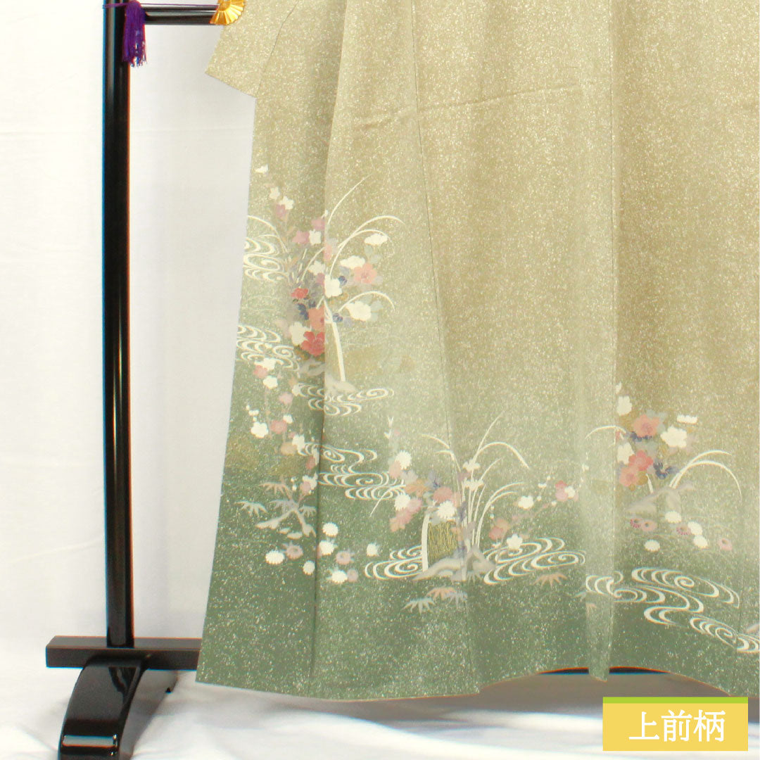 訪問着 正絹 袷 身丈157.5cm 裄丈62cm 蠟色（ろういろ） タタキ染 京友禅 菊 菖蒲 一つ紋 Sランク 緑系 1112005252319
