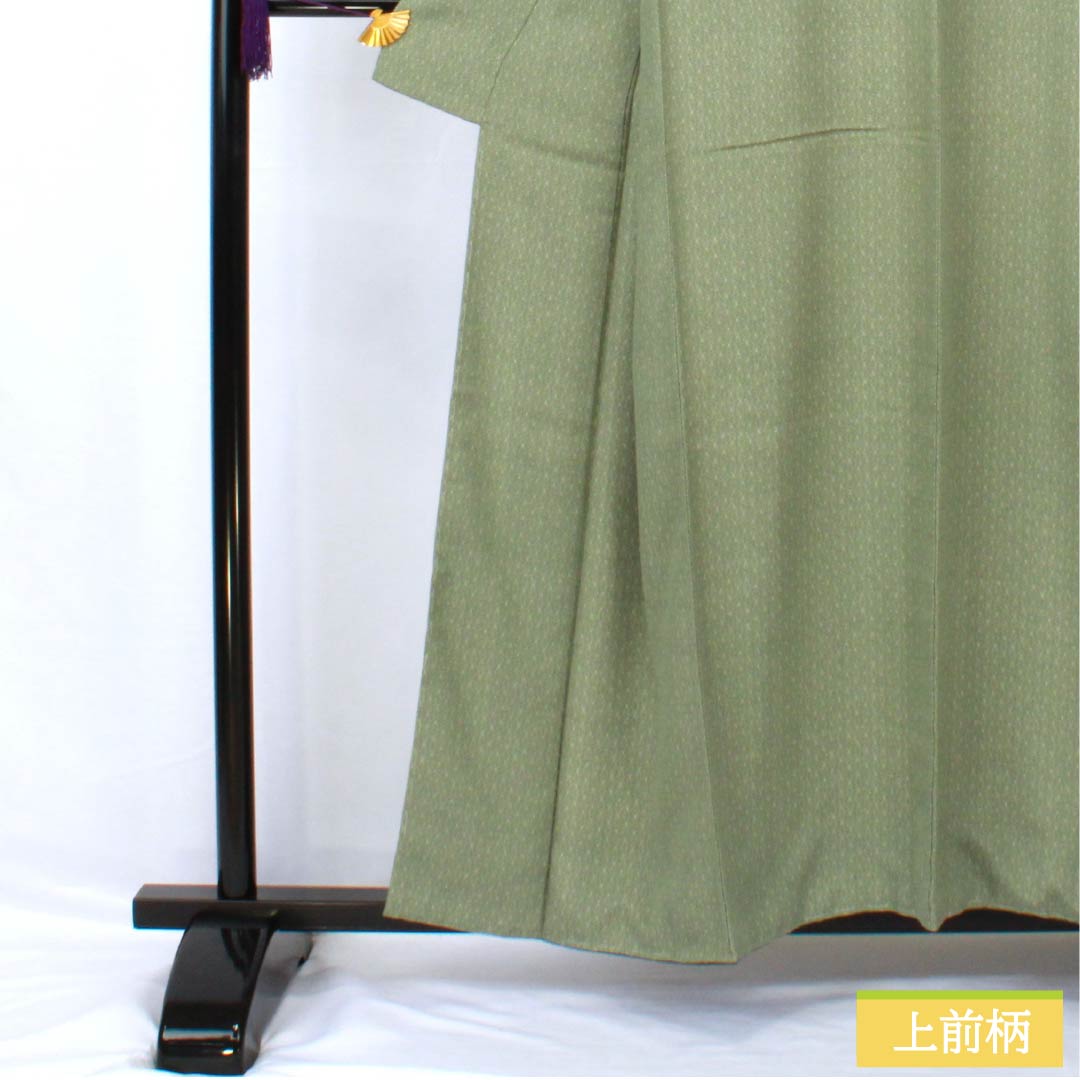 小紋 正絹 身丈157cm 裄丈62cm 袷 岩井茶色（いわいちゃいろ） 型染 江戸小紋 麻の葉模様 しつけ糸付き Aランク 緑系 1115005323319