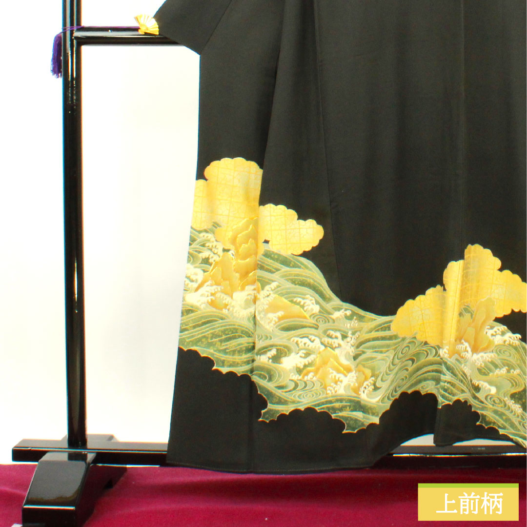 Black formal kimono, pure silk, length 156.5cm, sleeve length 61.5cm, lined, wave, hidden placket, five crests, ivy, A rank, black, 1111001373310