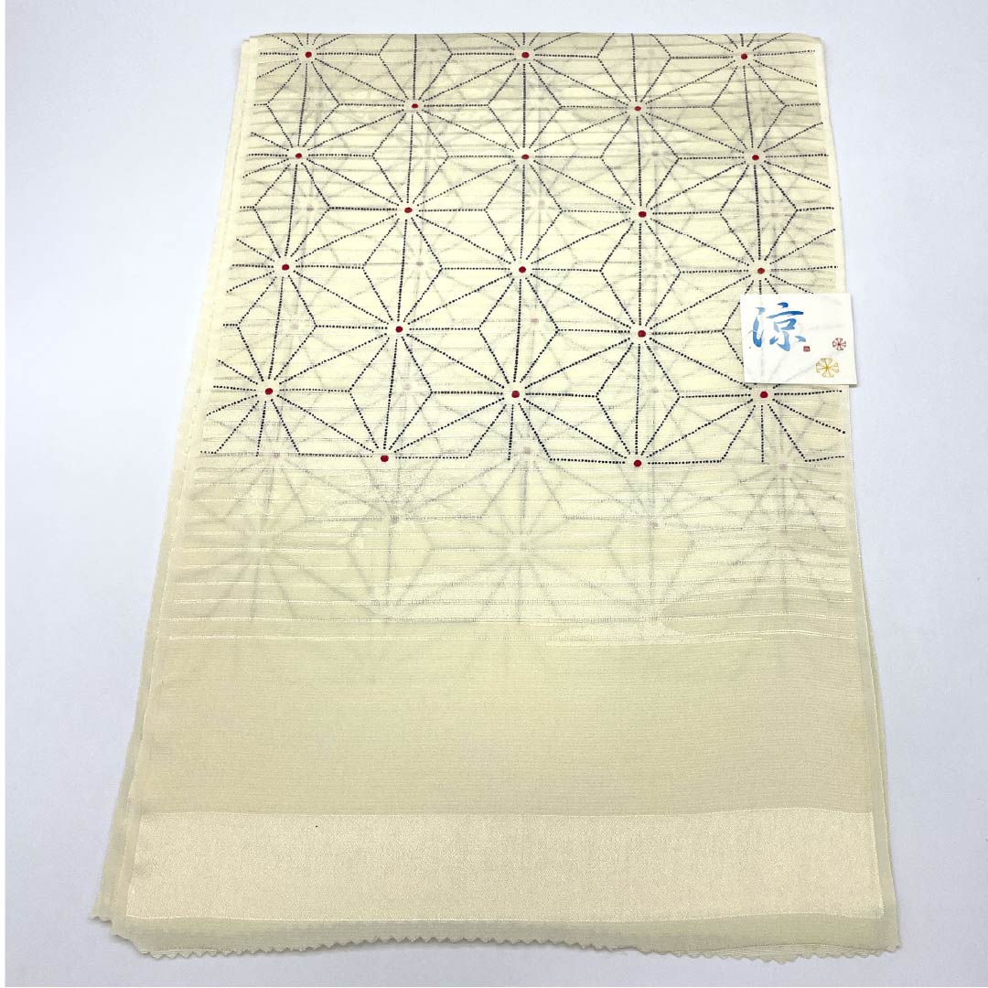 (New) Obiage, pure silk, semi-formal, gyoshikou-iro (fish roe yellow), summer, hemp leaf, classic pattern, length 174cm, width 29cm, new rank, cream color, 1136000791915