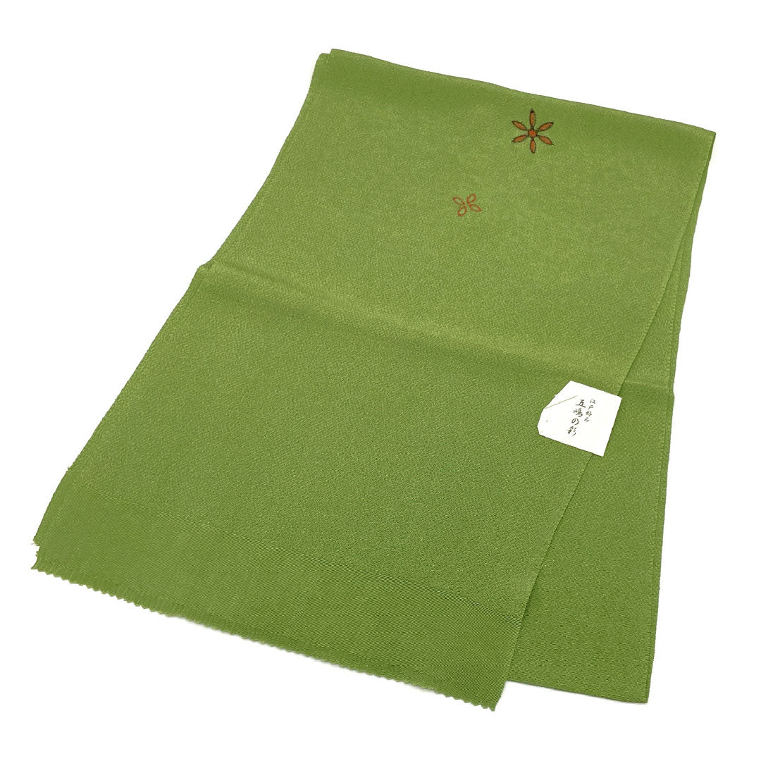 （新古品）帯揚げ 正絹 NEWランク カジュアル 煎茶色（せんちゃいろ） 五嶋紐 丹後ちりめん 抽象花模様 長さ約170cm 幅約28cm 緑系 1136001381919