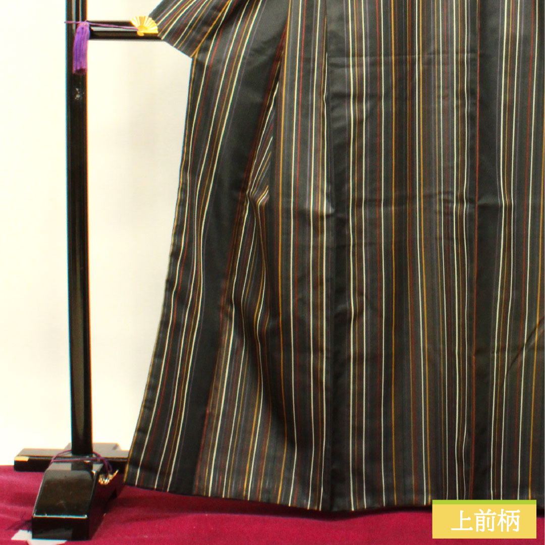 小紋 ポリエステル 身丈164.5cm 裄丈65cm 袷  洗える着物 縞模様  Sランク 黒系 1115003952410