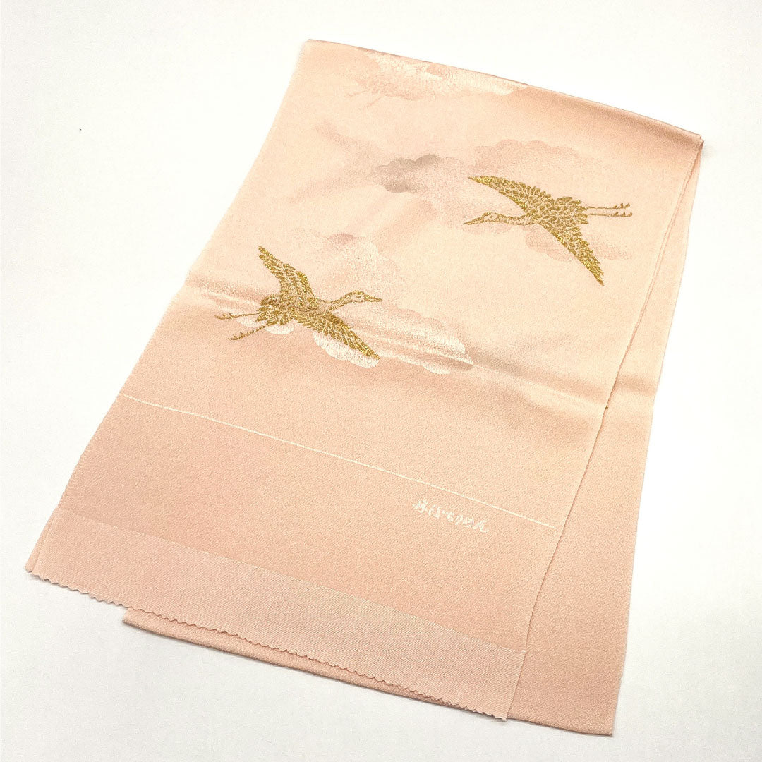 （新古品）帯揚げ 正絹 NEWランク セミフォーマル 乙女色（おとめいろ） 丹後ちりめん 雲 鶴 長さ約172cm 幅約29cm ピンク系 1136001191913