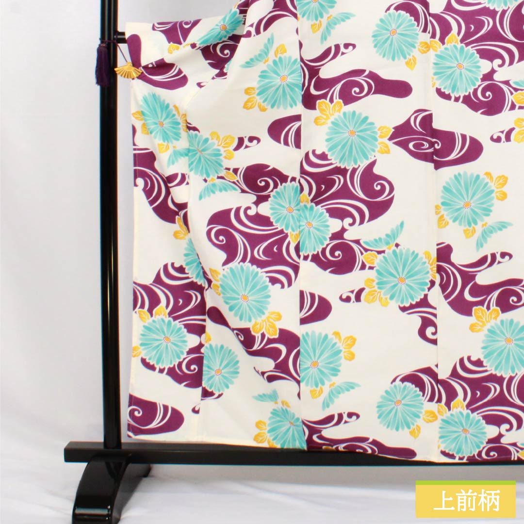 Polyester Komon (S rank) - Height 163cm, Sleeve-to-sleeve 67cm, Unlined, Milky White, Stenciled, Flowing Water and Chrysanthemum pattern, Washable Kimono, White-based, 1115007952411