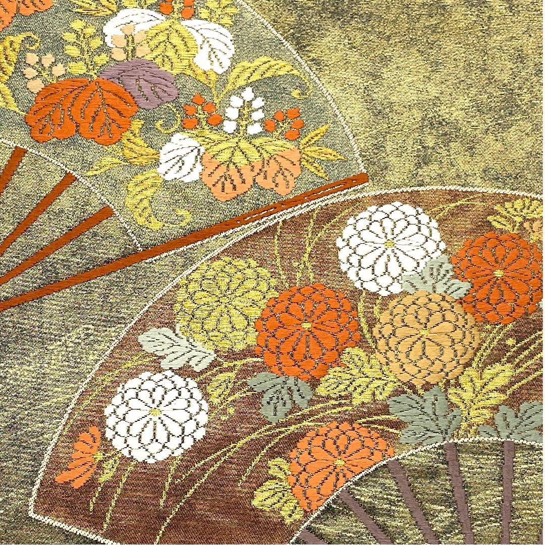 【未仕立】袋帯 正絹 Sランク 金色 扇面 花模様   帯丈443cm 六通 フォーマル 金系 1123005932321