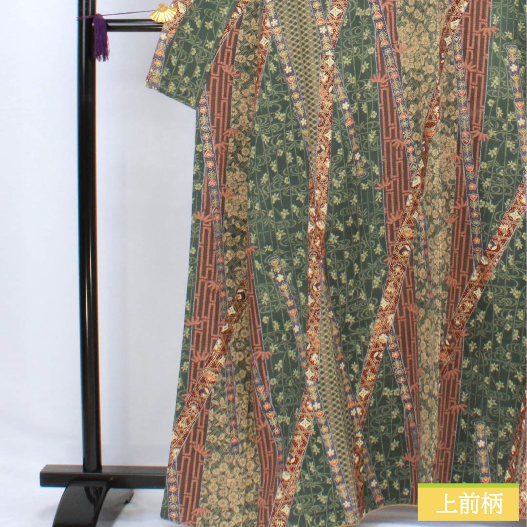 小紋 正絹 身丈162.5cm 裄丈66cm 袷 薩摩納戸色（さつまなんどいろ） 型染 吉祥文様 Sランク 緑系 1115006142419