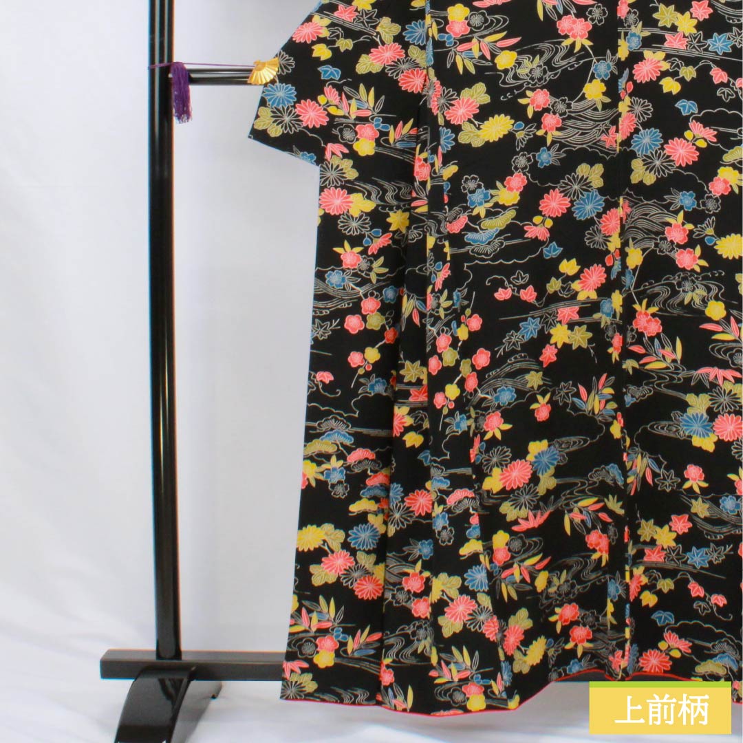 Komon (small pattern) silk, S rank, length 158.5cm, sleeve length 65.5cm, lined, stencil-dyed, pine, bamboo, plum, chrysanthemum, black, 1115006872310