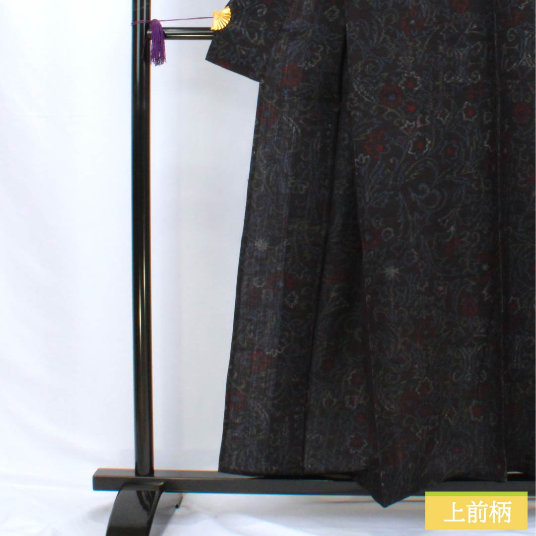 Pure silk tsumugi (pongee) kimono, S-rank, length 157cm, sleeve length 66cm, colored in aisumi brown with an abstract pattern, navy blue, single layer, product number 1116004152318