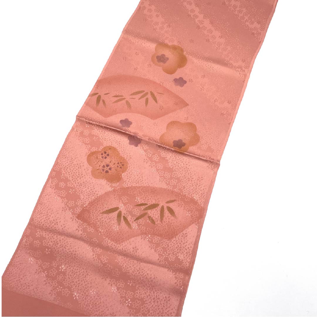 (New old stock) Formal obiage, pure silk, coral color, plum, fan surface, bamboo, length 176cm, width 29cm, S rank, pink, 1136000192913