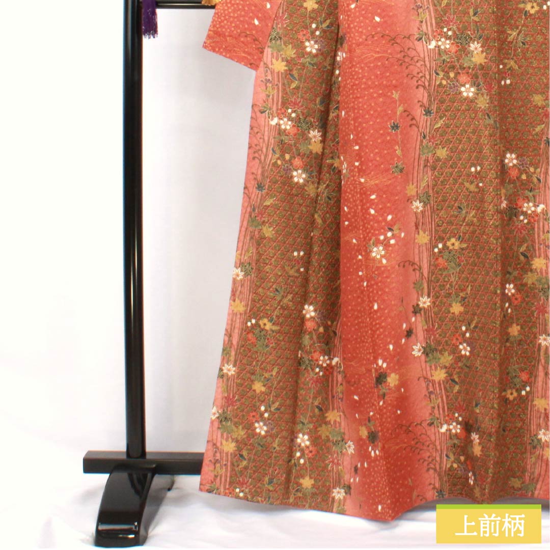 Komon, pure silk, length 163cm, sleeve length 64cm, lined, red sapphire color, basket pattern, flower, basting thread included, S rank, vermilion, 1115005692416
