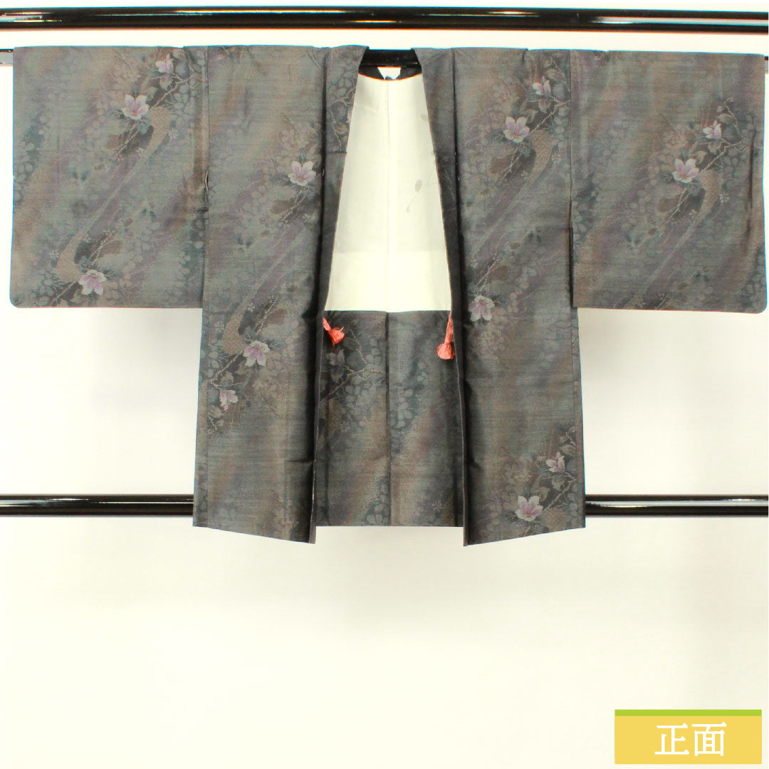 Haori, pure silk, length 80.5cm, sleeve length 63cm, Oshima Tsumugi, weft-total kasuri, floral pattern, S rank, lined, gray, 1117001172922
