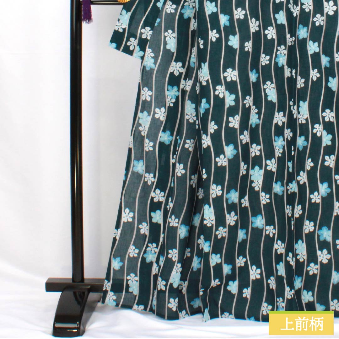 Summer kimono, polyester, small pattern, length 167cm, sleeve length 69cm, Korean nandō color, staggered stripes, flower, washable kimono, gauze, S rank, blue 1132002352517