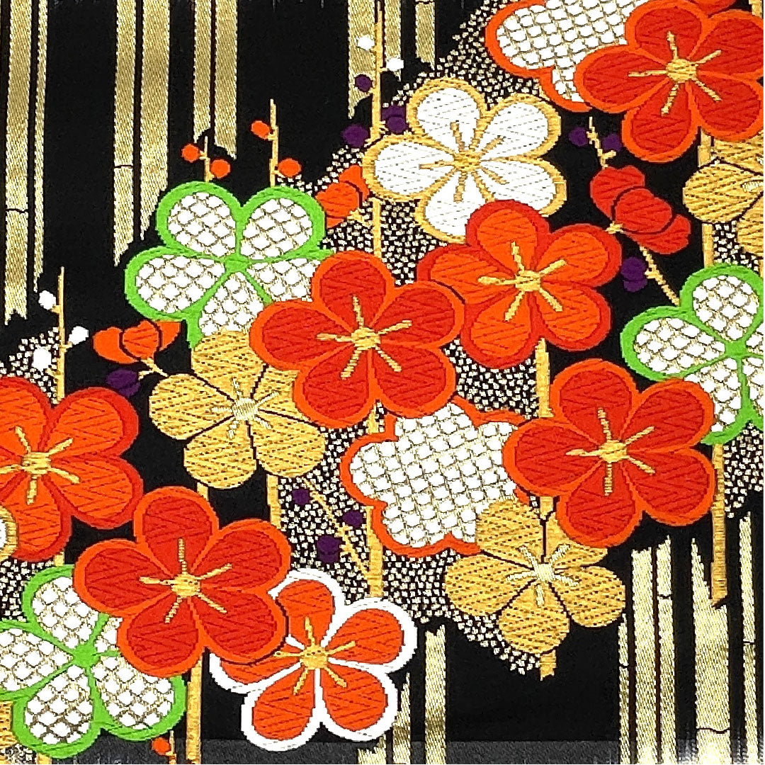 Fukuro Obi for Furisode, Plum, Bamboo, Length 422cm, Pure Silk, A Rank, Six-way, Formal, Black, 1123003443310