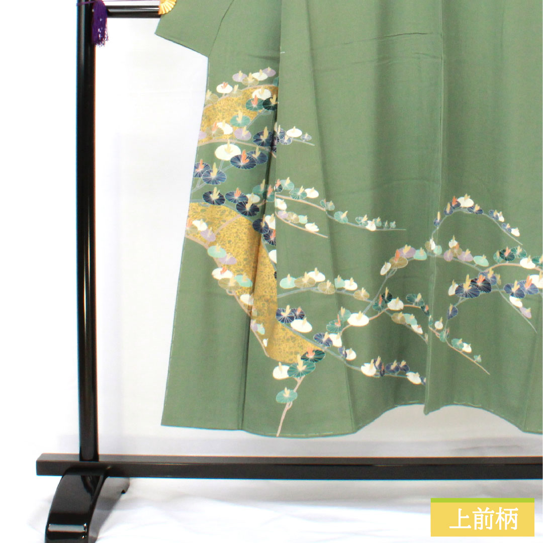 Homongi, pure silk, lined, length 146.5cm, sleeve length 60cm, rokan-iro, Kyoto yuzen, abstract pattern, basting thread included, unused, S rank, green, 1112005102119