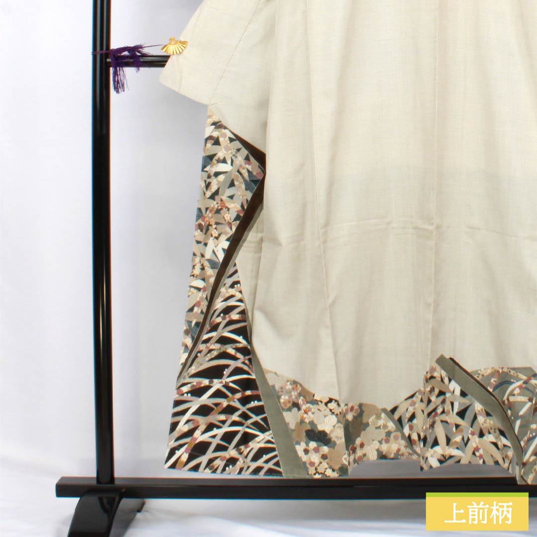 Visiting Kimono, Pure Silk, A-Rank, Lined, Length 152cm, Sleeve Length 62cm, Off-White (Kinari-Iro), White Oshima Silk, 100 Tortoise Shell Pattern, Stitched Crest, Round with Different Hawk Feathers, Classic Pattern, White, Product Number: 1112006173211