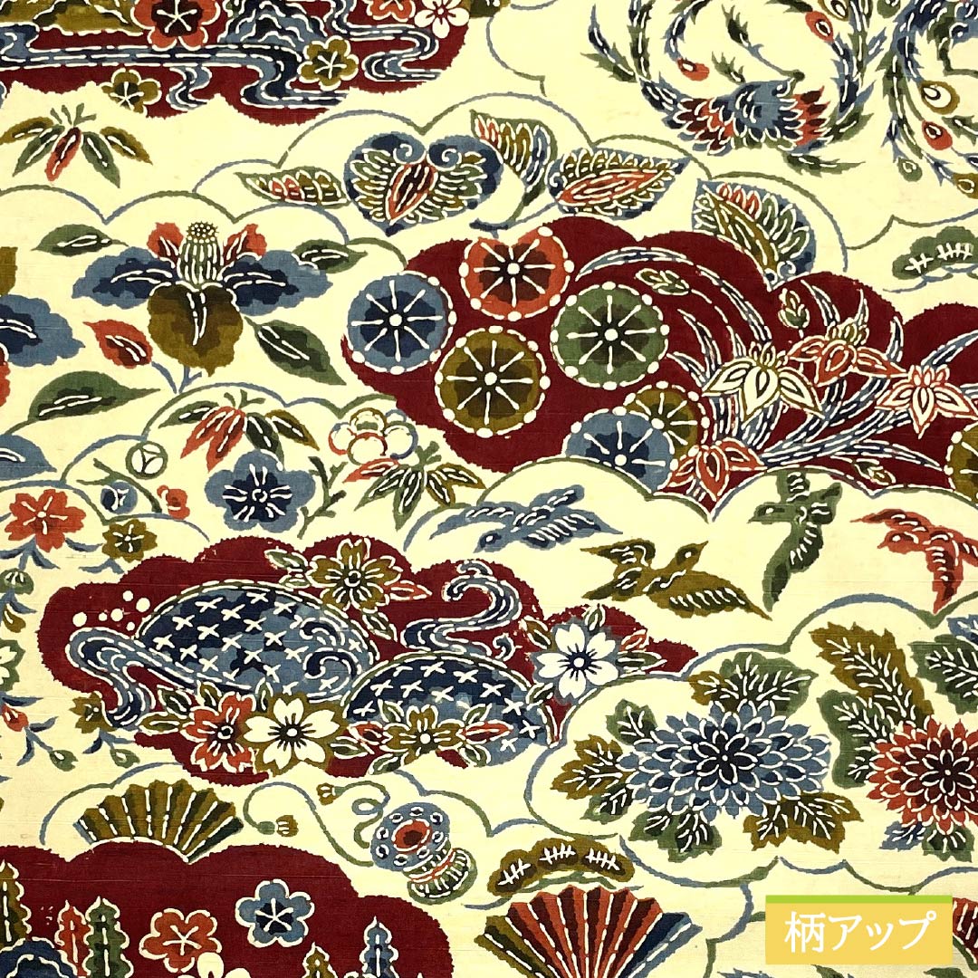 Nagoya obi, Geo-iro, Kyoto Bingata, Cloud pattern, Flower pattern, Length 348cm, Pure silk, S rank, Six-pass, Casual, Cream color, 1124007642315, Nagoya style