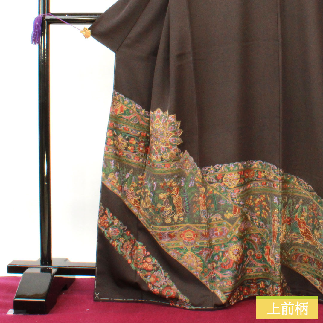 訪問着 正絹 袷 身丈167cm 裄丈67.5cm 蘇州刺繡 汕頭刺繡 しつけ糸付き 欧風文様 一つ紋 揚羽蝶 Sランク 茶系 1112003982514