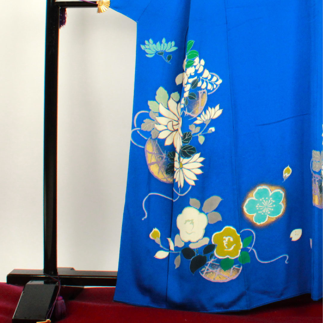 訪問着 袷 身丈163cm 裄丈68cm 瑠璃紺色 桜 菊 椿 正絹 Aランク 青系 1112001683417
