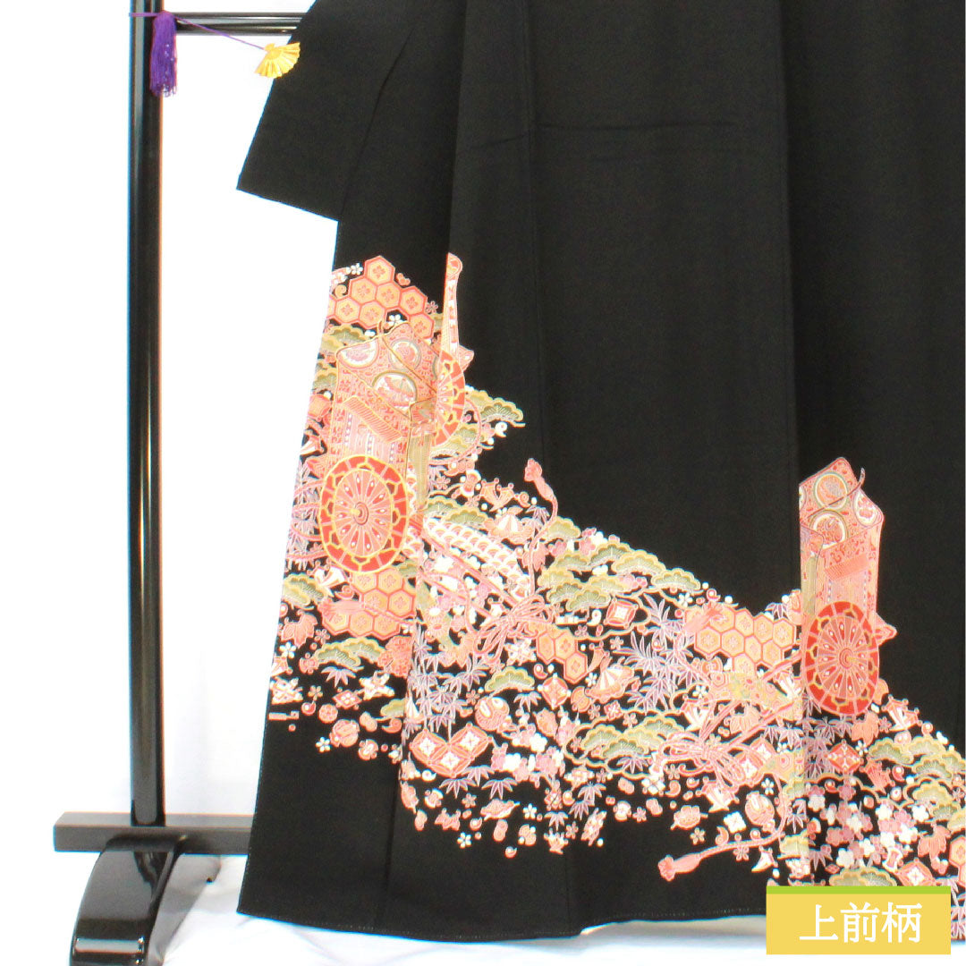 黒留袖 正絹 身丈162cm 裄丈63cm 袷 京友禅 松竹梅 宝尽くし 御所車 亀甲 五つ紋 唐花 Sランク 黒系 1111001722410