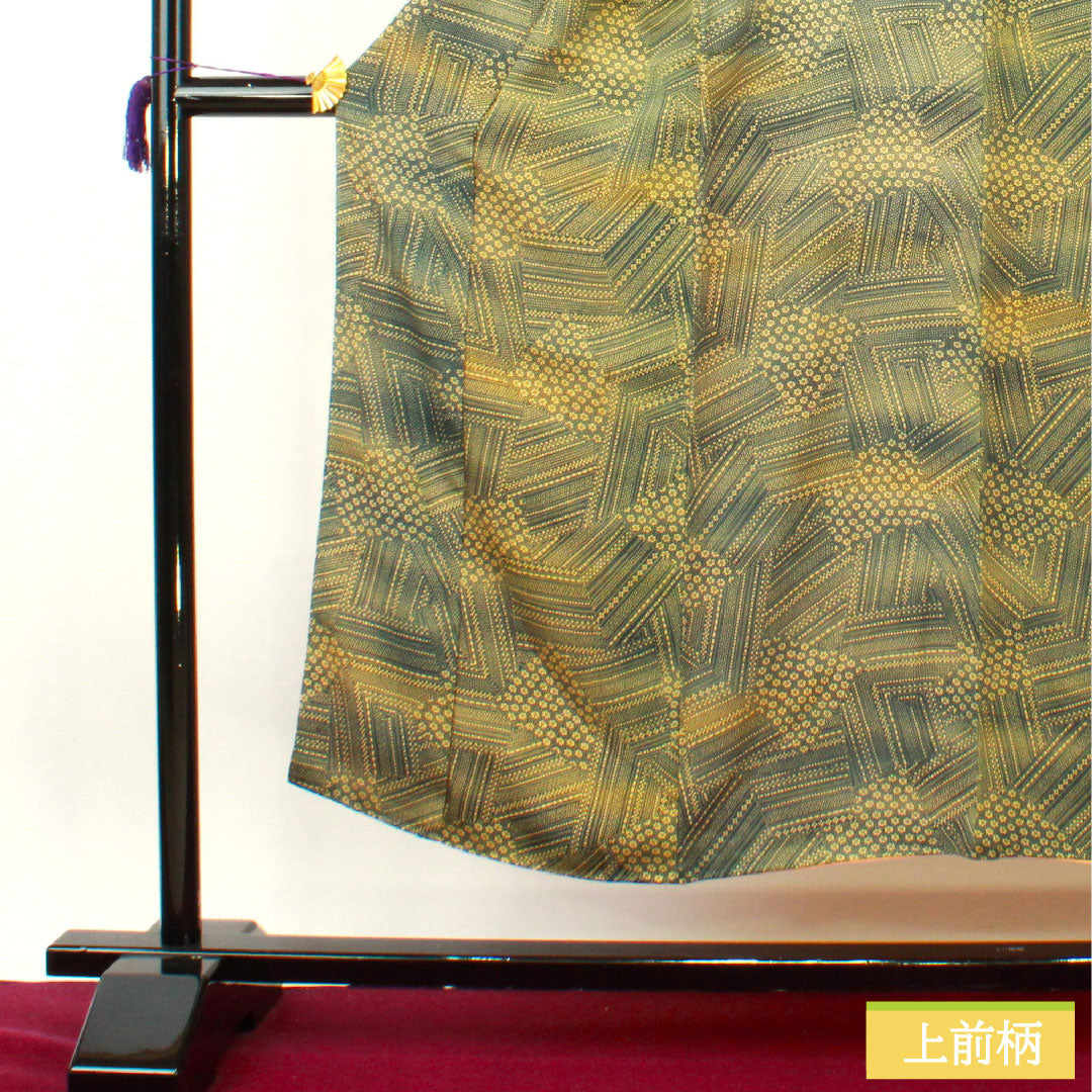 Komon, pure silk, length 148.5cm, sleeve length 61cm, lined, Oribe color, abstract pattern, split pattern, S rank, green, 1115004392119