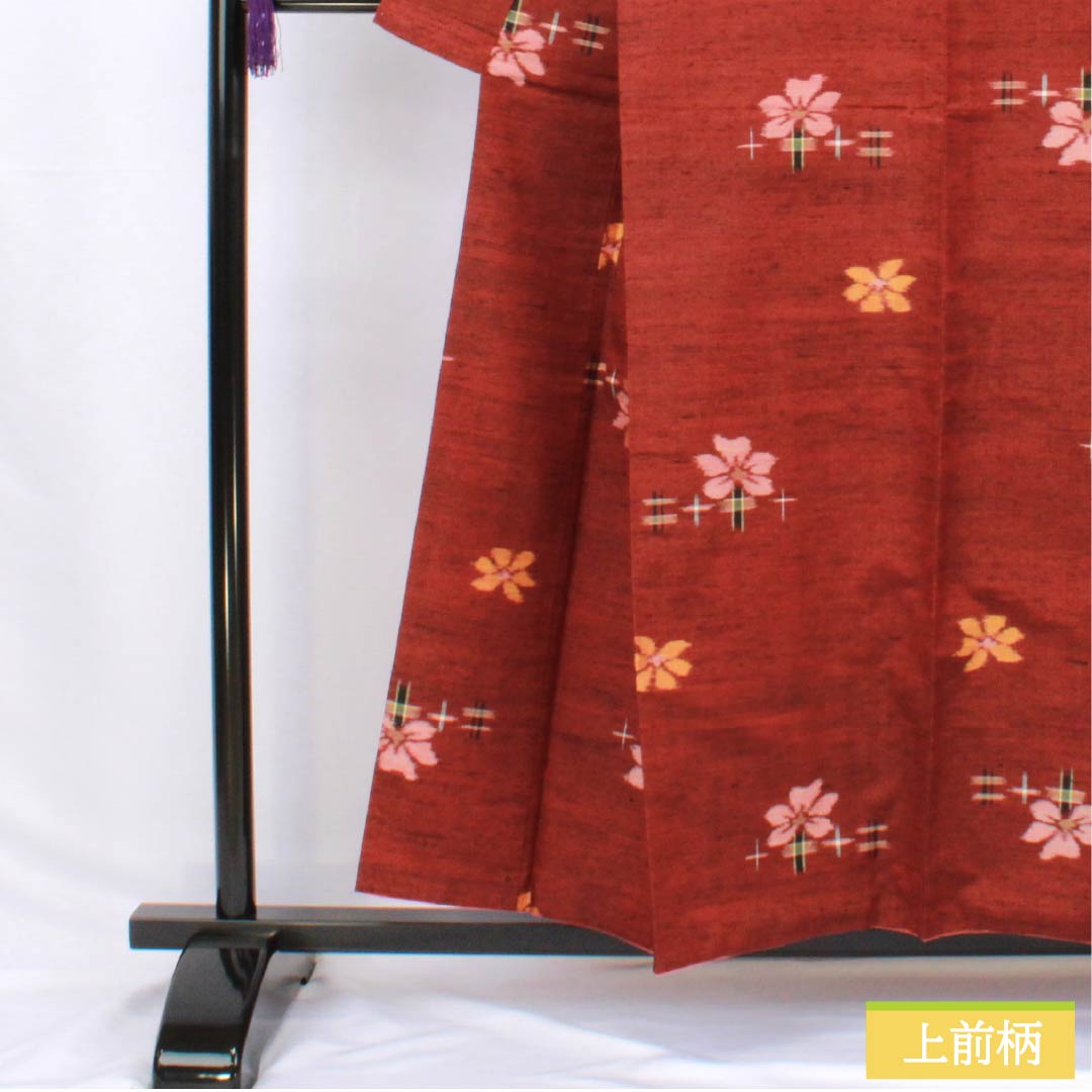 Tsumugi silk S rank, length 156cm, sleeve length 65cm, copper-red (shakudo-iro) flower pattern, kasuri, lined, brown, product number 1116003952314
