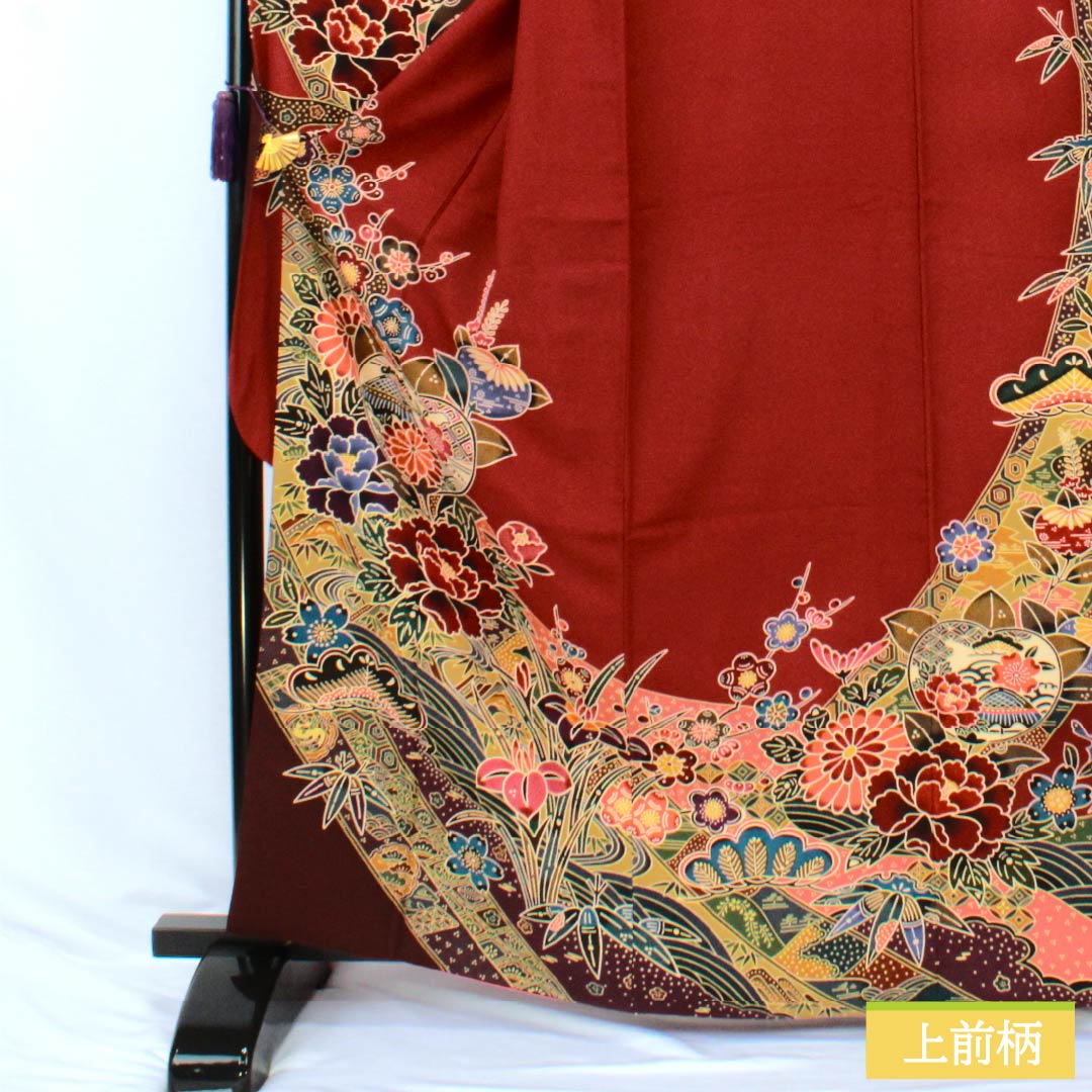 Kimono (Furisode) Pure Silk A Rank, Length 164.5cm, Sleeve-to-sleeve 67.5cm, Lined, Oxblood Red, Kyo-Bingata, Auspicious Motifs, Yume Guard Processed, Red tones, 1113002923412