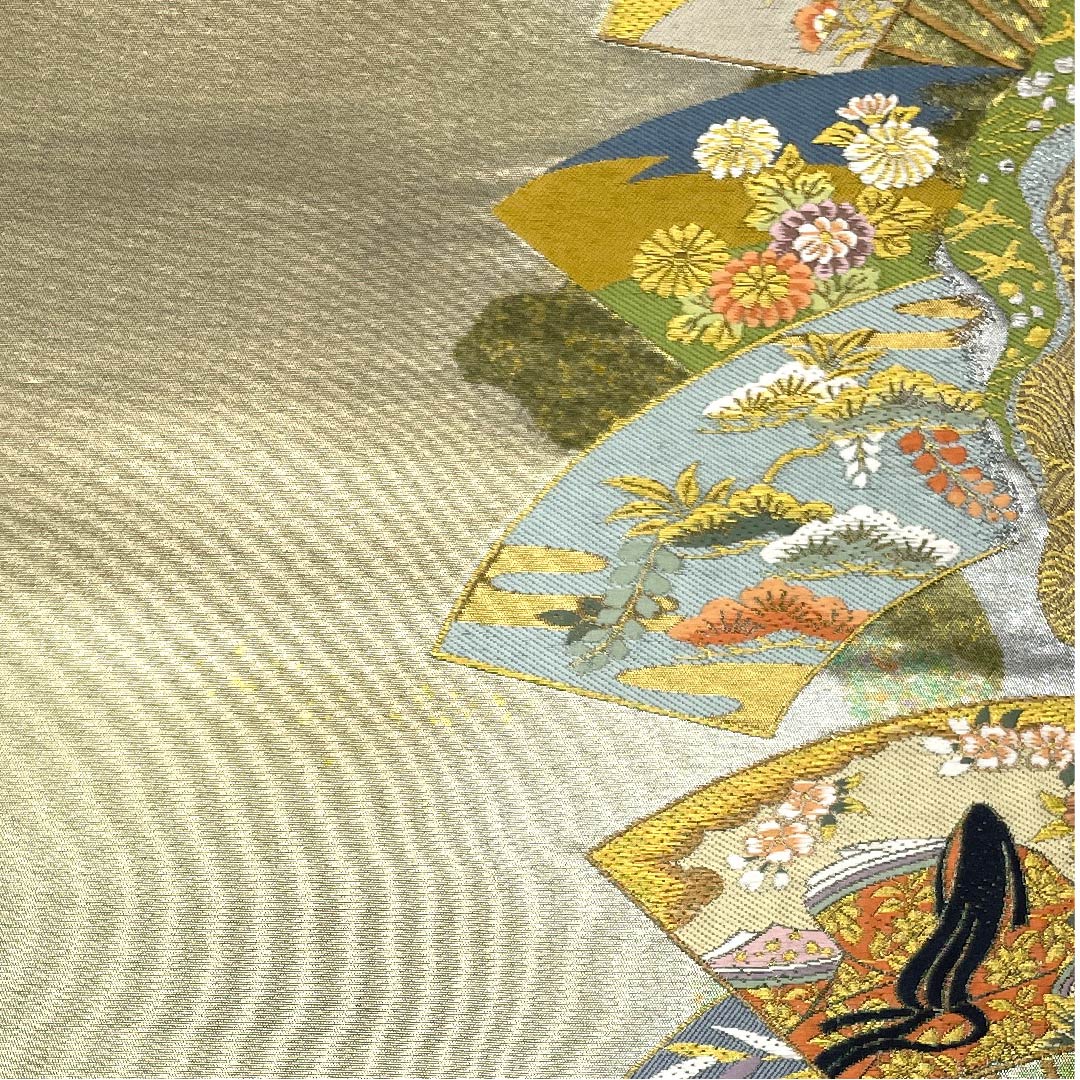 【未仕立】袋帯 正絹 Aランク 紀州茶色（きしゅうちゃいろ） 紫式部 扇 一蔵  帯丈462cm 六通 フォーマル グレー系 1123007943422