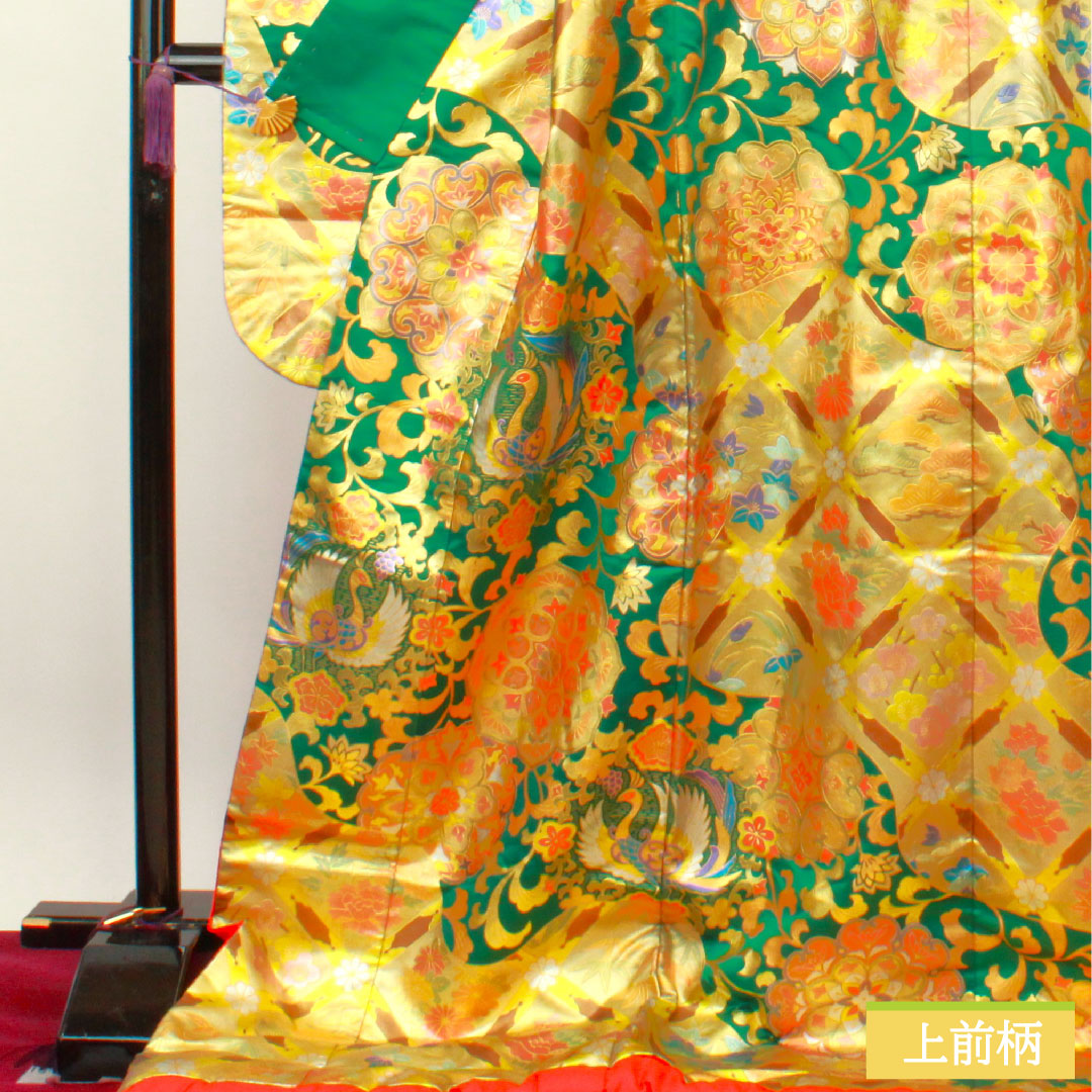 Colored uchikake, pure silk, length 196cm, sleeve length 68.5cm, gold leaf finish, phoenix, cloisonne, floral pattern, auspicious motif, S rank, lined, green, 1110000692919