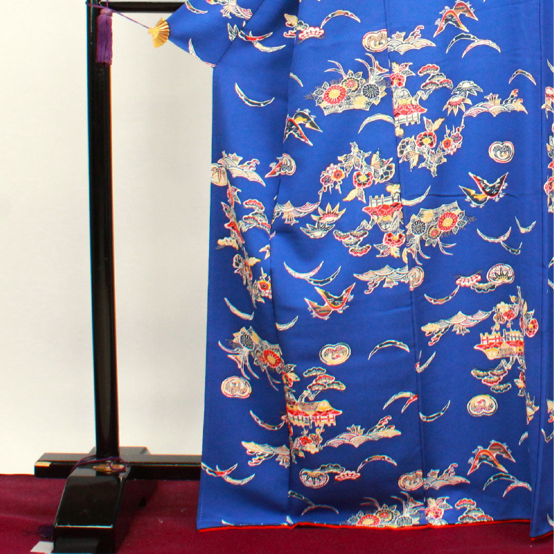 小紋 身丈170cm 裄丈67cm 袷  しつけ糸付き 未使用品 桔梗色 型染 吉祥文様  正絹 Sランク 紺系 1115003372618