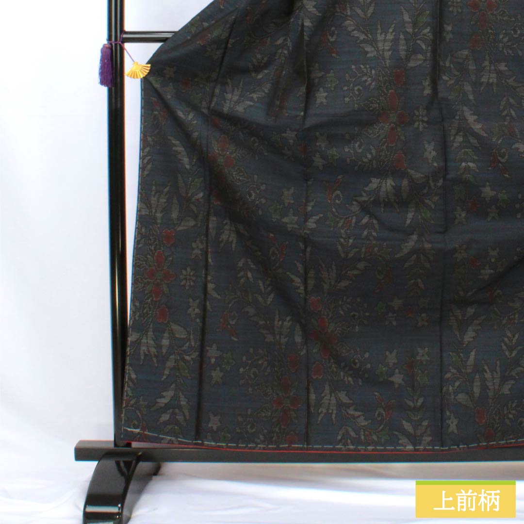 Pure silk tsumugi (pongee) - S rank, length 164.5cm, sleeve length 60.5cm, Oshima tsumugi with a double horizontal kasuri pattern and floral motifs, lined, navy blue, product number 1116004602418