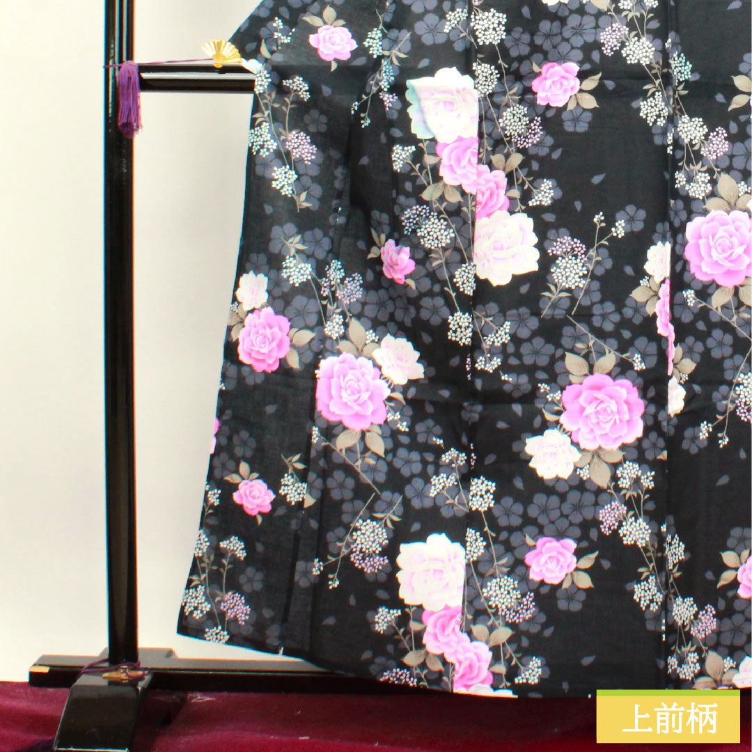 浴衣 木綿 身丈159cm 裄丈64.5cm Bランク 単衣 黒系 薔薇 カスミソウ 桜 1118004554310