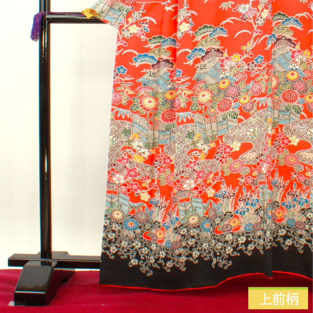 Homongi, pure silk, lined, length 163cm, sleeve length 64.5cm, scarlet, Kyoto Bingata, auspicious motif, S rank, vermilion, 1112004072416