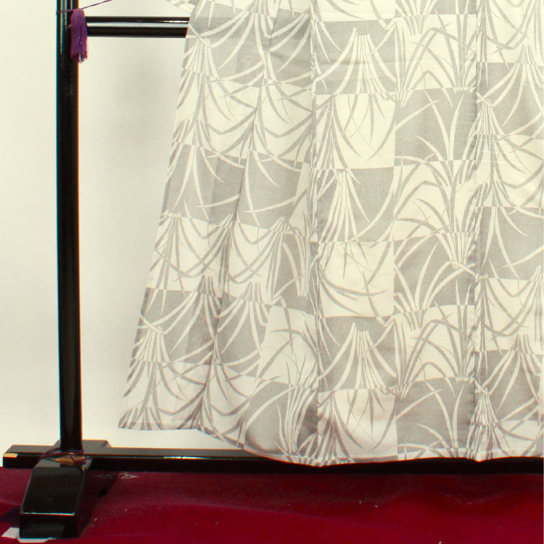 Summer kimono, polyester, small pattern, length 155cm, sleeve length 65.5cm, light ink color, checkered pattern, abstract pattern, washable kimono, gauze, B rank, gray 1132000804322