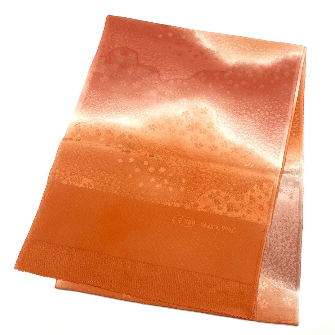 (Like New) Semi-Formal Silk Obiage (Sash) in Coral Blue (Sangoiro) with Tango Chirimen Chirimen Gradient and Cherry Blossom Design, Approximately 180cm Long, 32cm Wide, Orange, Product Number: 1136001181926