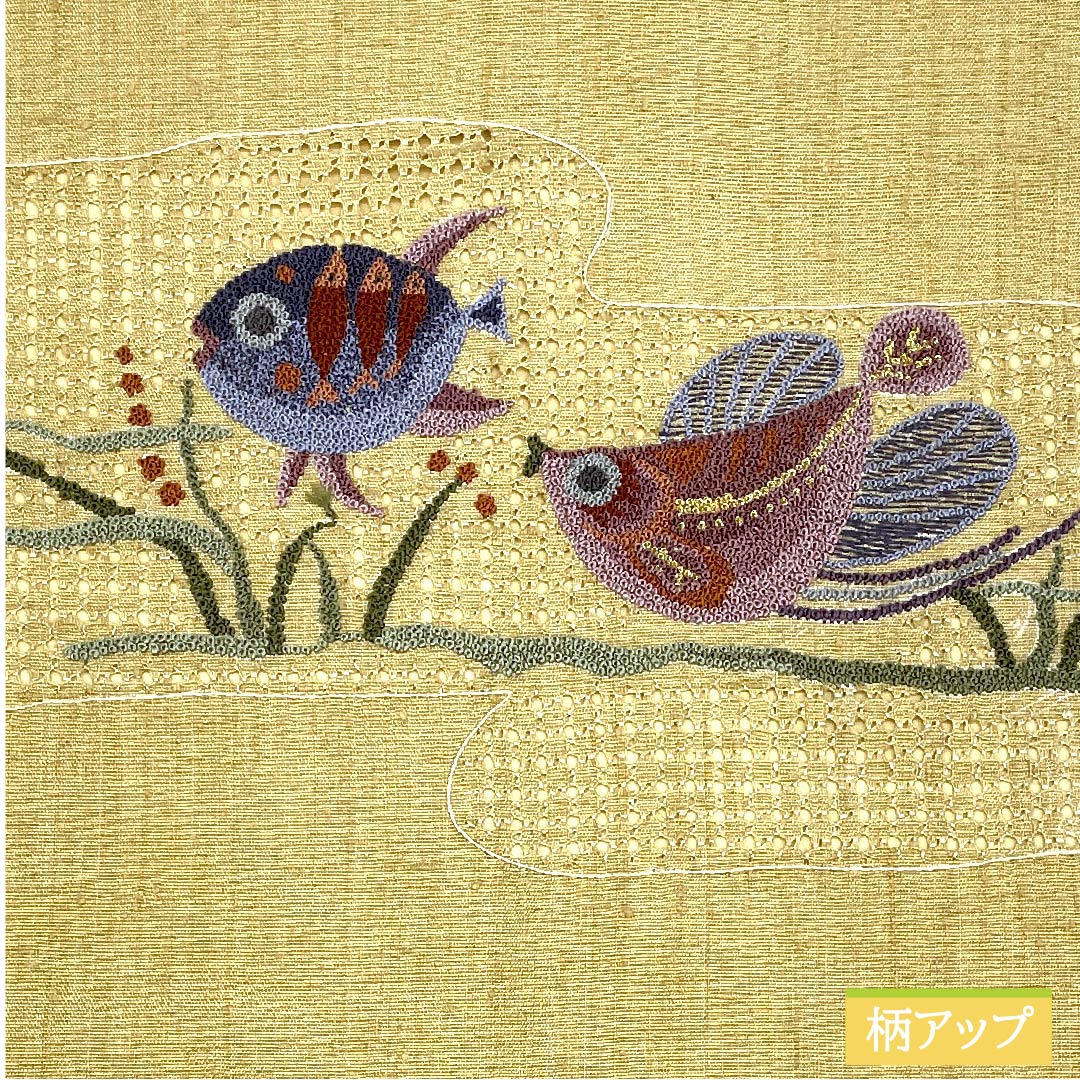Nagoya obi, pure silk, straw color, Sagara embroidery, fish embroidery, obi length 374cm, A rank, point pattern, casual, beige, 1124006343325, Nagoya tailoring