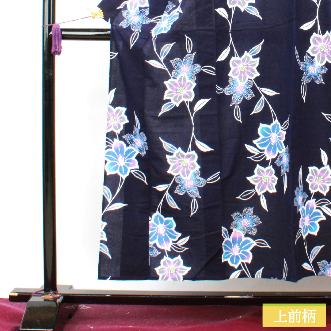 Yukata Cotton Length 153.5cm Sleeve length 67.5cm S rank Single layer Navy blue Camellia 1118004802218